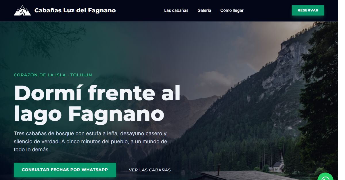 Vista de la página de Cabañas Luz del Fagnano